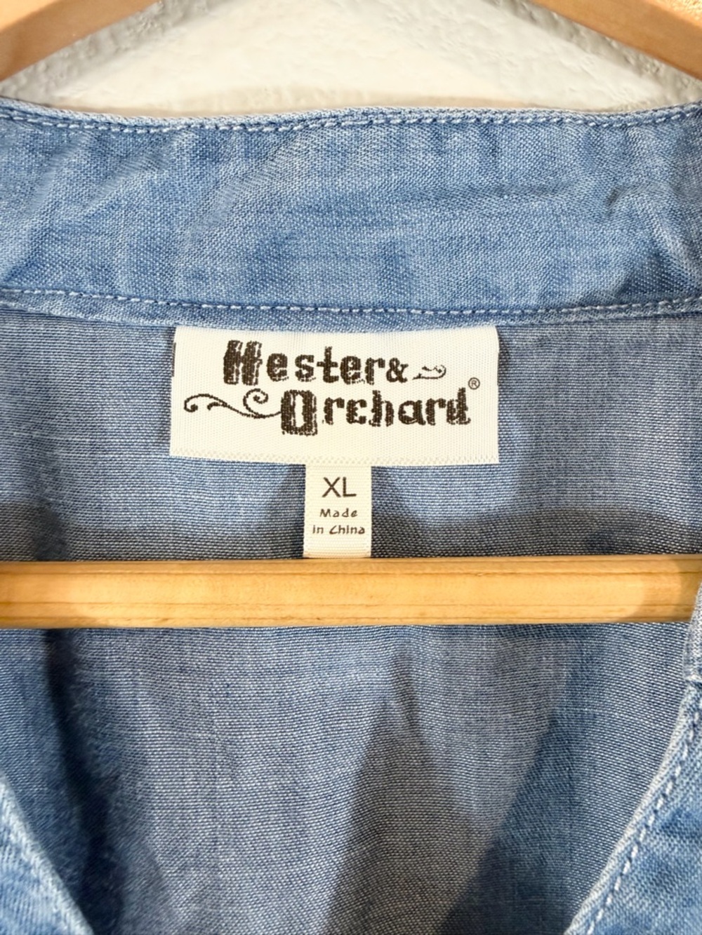 Hester & Orchard Denim Chambray Tunic XL Fringe Hem Asymmetrical Roll Tab Sleeve - Picture 5 of 8